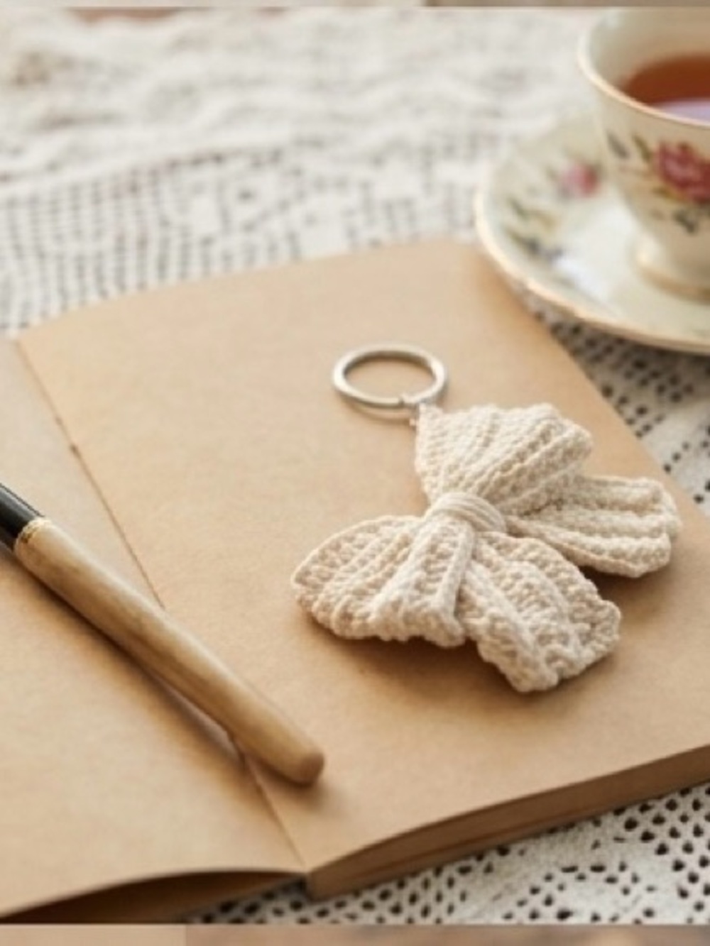 Crochet Bow Keychain Cottagecore Bag Charm Handmade Cream Boho Coquette - Picture 4 of 4